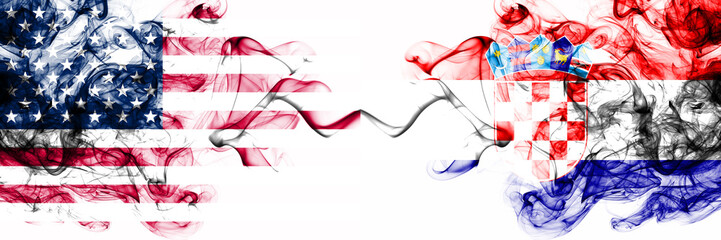 United States of America vs Croatia, Croatian smoky mystic flags placed side by side. Thick colored silky abstract smokes banner of America and Croatia, Croatian