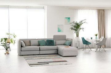 Modern living room interior with comfortable sofa