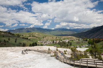 Fototapeta na wymiar WY, Yellowstone National Park, Mammoth Hot Springs, view of the village from the Travertine Terraces