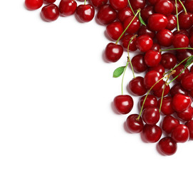 Delicious ripe sweet cherries on white background, top view. Space for text