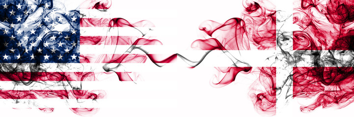 United States of America vs Denmark, Danish smoky mystic flags placed side by side. Thick colored silky abstract smokes banner of America and Denmark, Danish