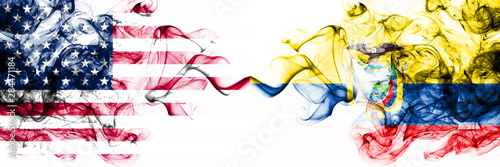 United States of America vs Ecuador, Ecuadorian smoky mystic flags placed side by side. Thick colored silky abstract smokes banner of America and Ecuador, Ecuadorian