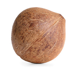 Ripe whole brown coconut on white background