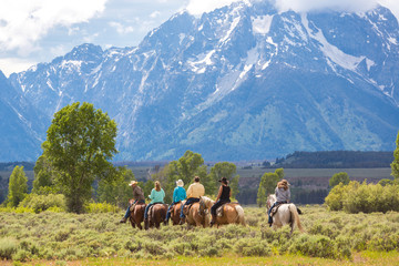 Horse riding, Grand Teton National Park, Wyoming, USA - obrazy, fototapety, plakaty