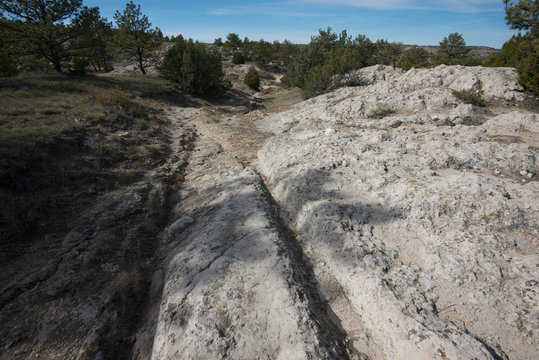 The Guernsey on the Oregon Trail near Guernsey Wyoming is the best-preserved ruts on the trail. They were made by wagons crossing a sandstone ridge to avoid the North Platte River from 1841-1869.