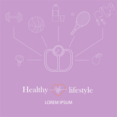 Fototapeta premium Flat icons vector illustration on the theme of healthy lifestyle for advertising on the website. Infographics on the topic of healthy eating and an active lifestyle for banner screensavers.4