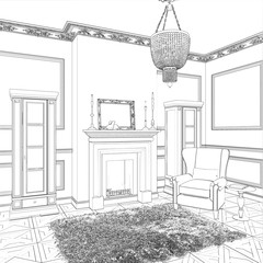 3d illustration. Sketch of the private cabinet in classic style with fireplace and library