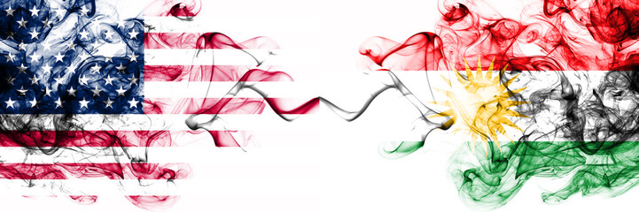United States of America vs Kurdistan, Kurdish smoky mystic flags placed side by side. Thick colored silky abstract smokes banner of America and Kurdistan, Kurdish