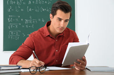 Young teacher working at table in classroom