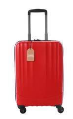 Red suitcase with TRAVEL INSURANCE label on white background