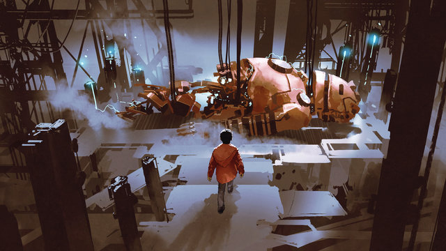 the boy walking to the broken giant robot which is being repaired in old factory, digital art style, illustration painting