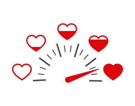 Love heart indicator.Full heart of love with speedometer icon. Love meter of Valentine's day in flat style.Measuring indicator of red hearts. vector illlustration