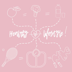 Vector illustration on the theme of a healthy lifestyle to advertise the website. Infographics on sports and healthy eating. Diet food and sports activities.1_0