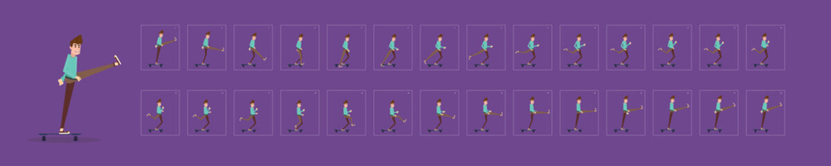 Fototapeta na wymiar man riding skateboard. young adult boy rides skateboard. Skater vector design. Flat style character vector illustration. frame by frame skateboarding animation.
