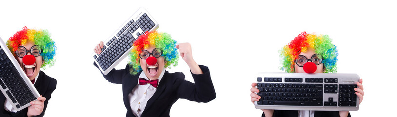 Funny clown with keyboard on white