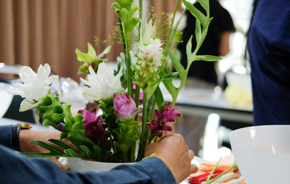 Florist Arranging Flower Bouquet In Vase. Floristry Class Course Workshop