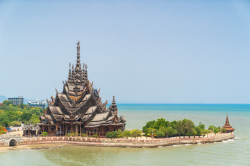 Wood Sanctuary of Truth on sea background, in Pattaya, Chonburi, Thailand