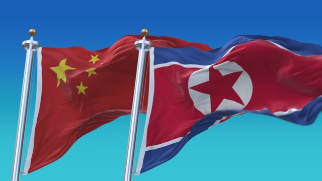 4k Seamless North Korea and China Flags with blue sky background;A fully digital rendering;The animation loops at 20 seconds;DPRK CHN CN.
