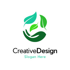 Leaf in hand logo. Organic Life symbol, Vector sign friendly environment, hand and leaf