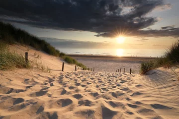 Papier Peint photo Mer du Nord, Pays-Bas sand path to sea beach in summer at sunset