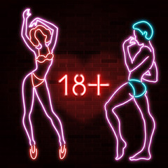 18+ banner with neon silhouette of sexy man and woman figures, beautiful silhouettes, nightclub, striptease, sex shop advertisement, vector illustration
