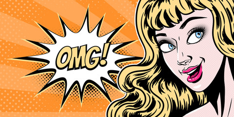 Comic style beautiful young blond woman surprised expression, open mouth, omg, wow, pop art girl banner, vector illustration
