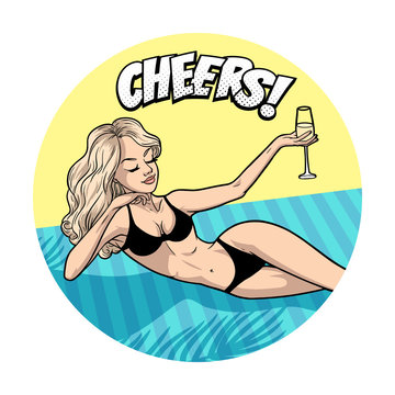 Beautiful blonde woman in bikini relaxing on beach with a glass, comic pop art style, cheers, vector illustration