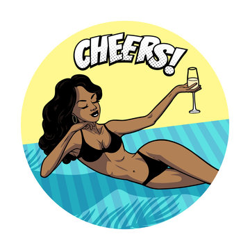 Beautiful African American black woman in bikini relaxing on beach with a glass, comic pop art style, cheers, vector illustration