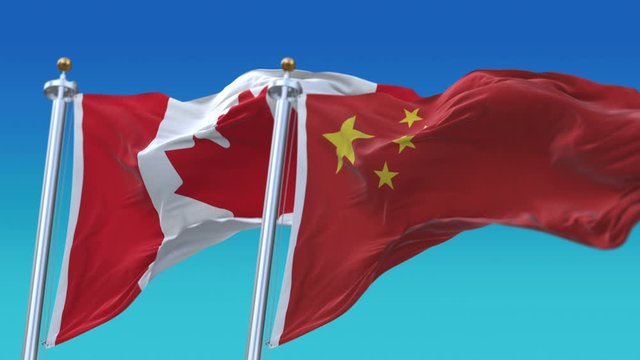 4k Seamless Canada and China Flags with blue sky background;A fully digital rendering;The animation loops at 20 seconds;CAN CA CHN CN.