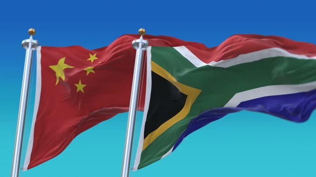 4k Seamless South Africa and China Flags with blue sky background;A fully digital rendering;The animation loops at 20 seconds;ZA CHN CN.