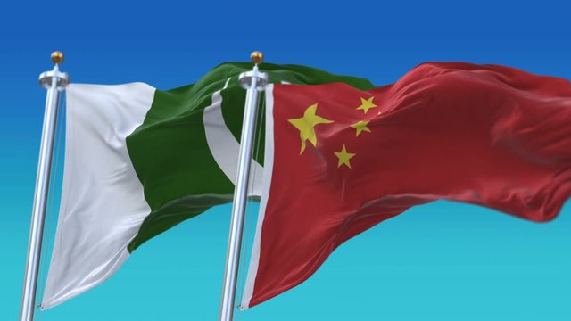 4k Seamless Pakistan and China Flags with blue sky background;A fully digital rendering;The animation loops at 20 seconds;PAK PK CHN CN.