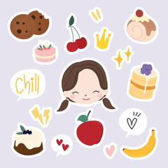 Set of cute dessert, fun fruit stickers  ,colorful badges design vector.