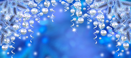 Christmas panoramic background with bokeh effect. New year. White Christmas tree with silver glass balls, serpentine and sequins. 3D illustration
