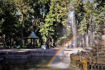 Fountain in the park with rainbow.Stefan cal mare Central Park.Chisinau.Moldova
