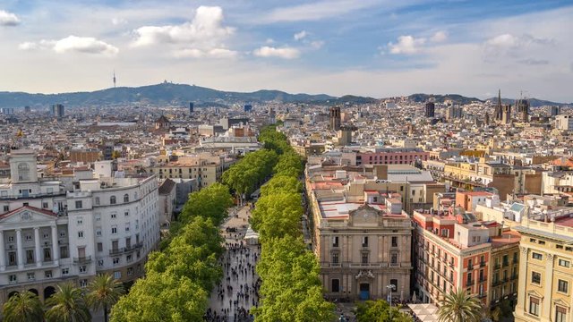 Barcelona Spain time lapse 4K, aerial view city skyline timelapse at La Rambla street