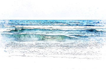 Abstract coloirful beautiful water sea soft waves on watercolor illustration painting background.