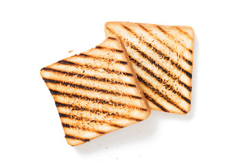 Two slices of toasted bread isolated on white background