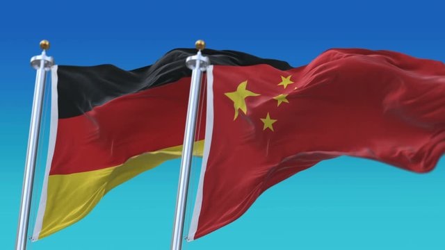 4k Seamless Germany and China Flags with blue sky background;A fully digital rendering;The animation loops at 20 seconds;GER DE CHN CN.
