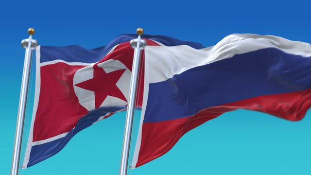 4k Seamless North Korea and Russia Flags with blue sky background;A fully digital rendering;The animation loops at 20 seconds;PRK KP RUS RU.