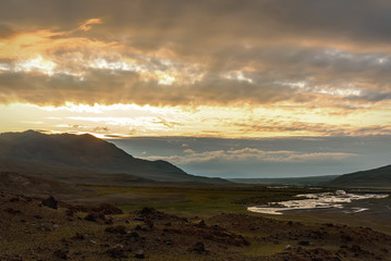 mountains dawn clouds sky river