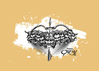 Dussehra celebration - Ravana ten heads with bow and arrow, Hand Drawn Sketch Vector illustration.