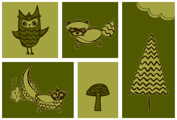 Forest Animals Clipart // Owl, Racoon, Skunk, Mushroom, Tree