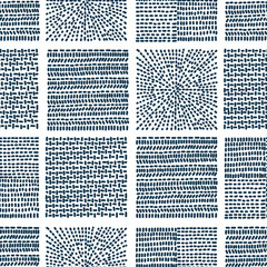 Blue embroidery with linear dashes. Folklore seamless pattern. Can be used in textile industry, paper, background, scrapbooking.