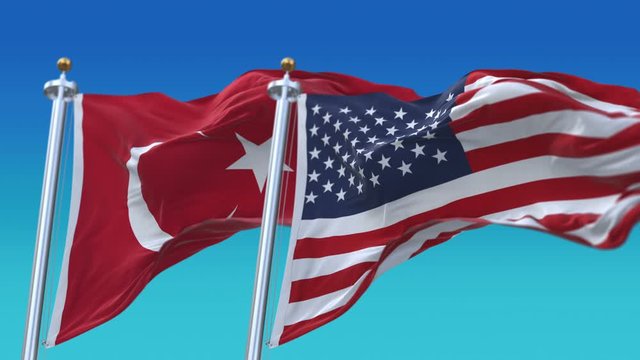 4k Seamless United States of America And Turkey Flags with blue sky background;A fully digital rendering;The flag 3D animation loops at 20 seconds;USA US TUR TR.