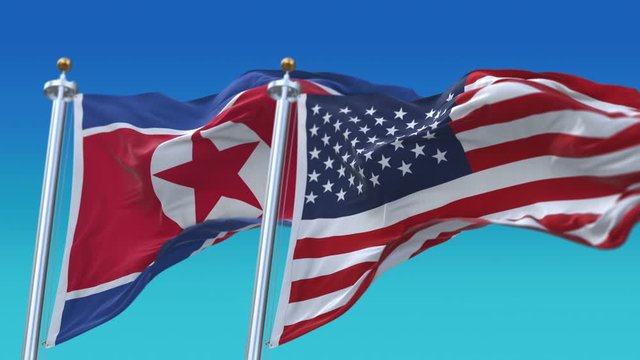 4k Seamless United States of America And North Korea Flags with blue sky background;A fully digital rendering;The flag 3D animation loops at 20 seconds;USA US PRK KP.