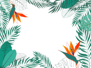 Eco tropical template with place for text. Jungle exotic frame of strelitzia flowers, palm leaves, monstera leaves, frangipani. EPS8 vector illustration