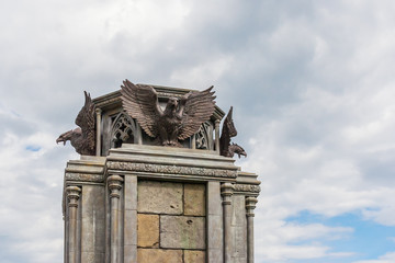Khryashchevka village, Samara region/Russia - may 18 2019:Decorative column with eagles in the Garibaldi castle