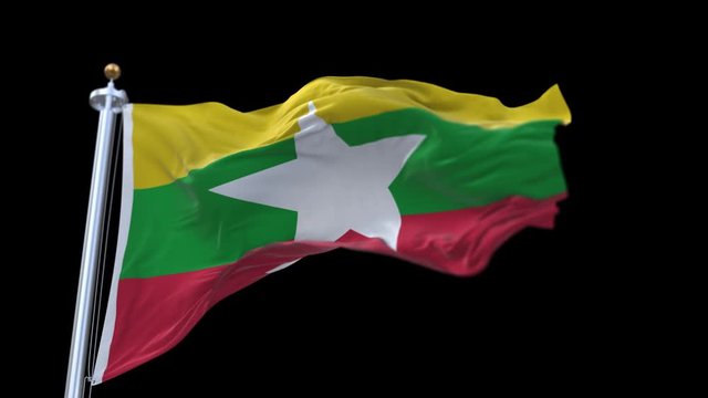 4k Seamless Myanmar flag with flagpole waving in wind,fully digital rendering,The animation loops at 20 seconds,flag 3D animation,alpha channel included.