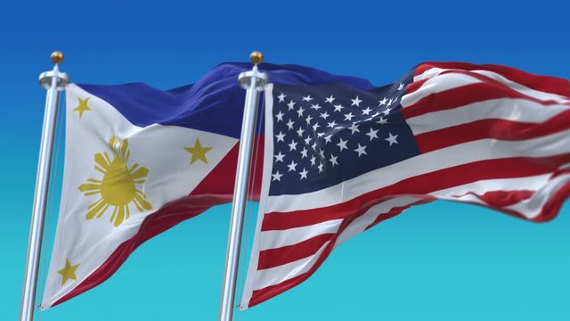 4k Seamless United States of America And Philippines Flags with blue sky background;A fully digital rendering;The flag 3D animation loops at 20 seconds;USA US PHI PH.