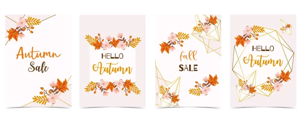 Poster Collection of autumn background set with gold geometric,leaves,flower,wreath.Vector illustration for invitation,postcard and sticker.Editable element © piixypeach